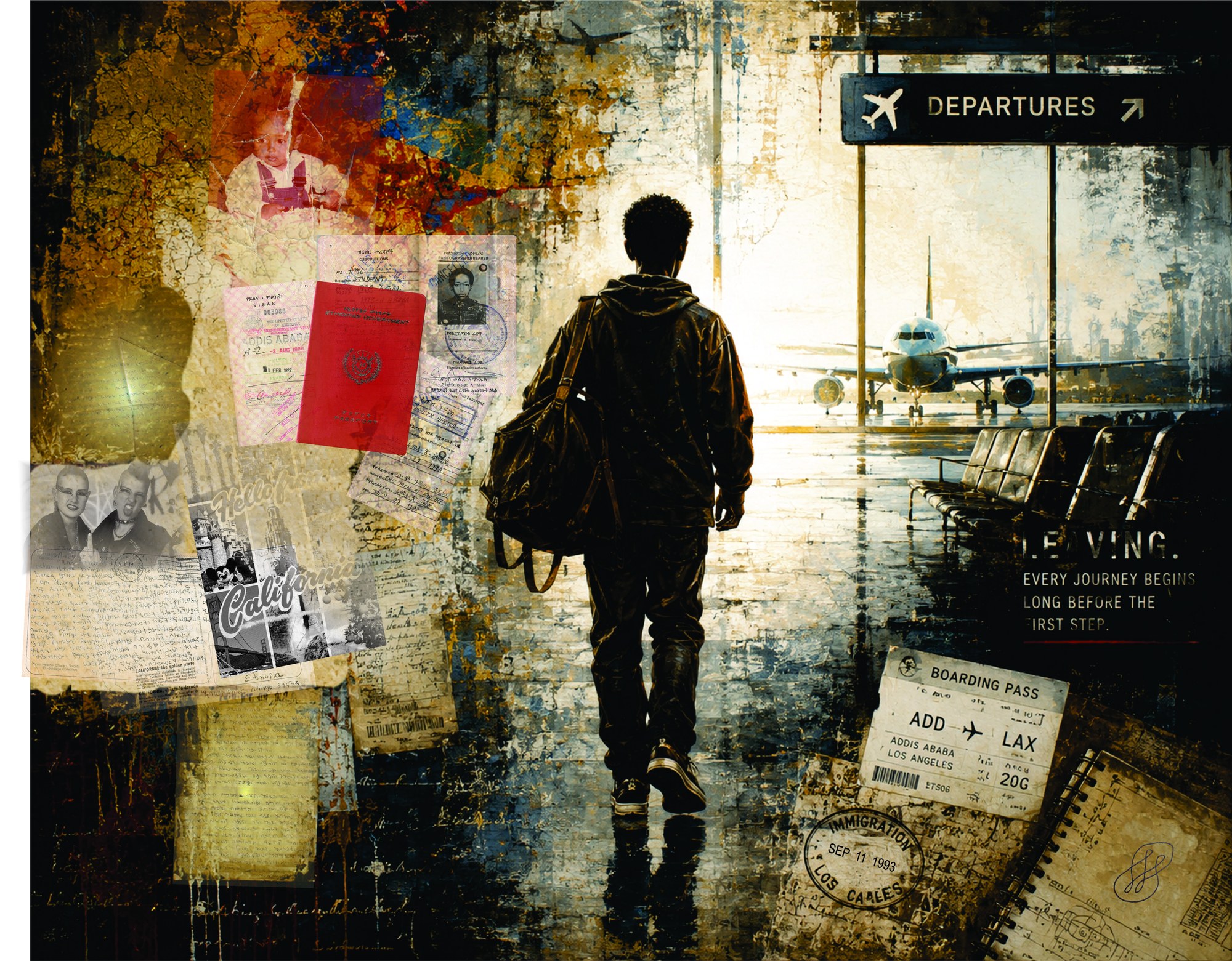 Origins — Piece 2: a traveller at an airport, layered with photographs, letters and travel documents